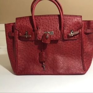 VANI red vegan leather ostrich print purse tote